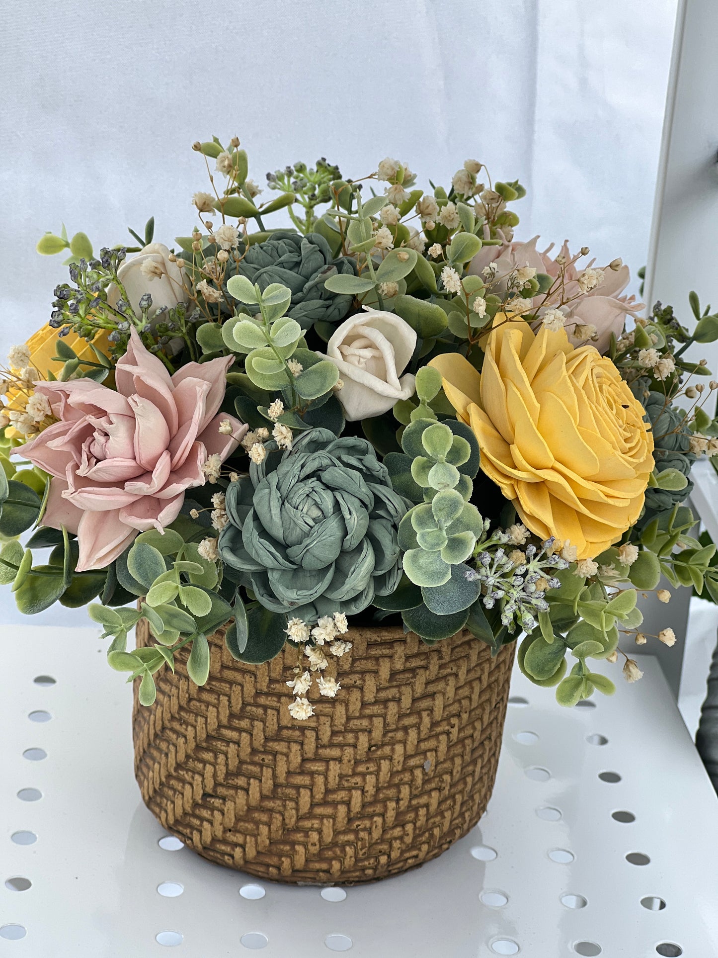 Cottage Charm - Sola Succulent & yellow & blush wood roses