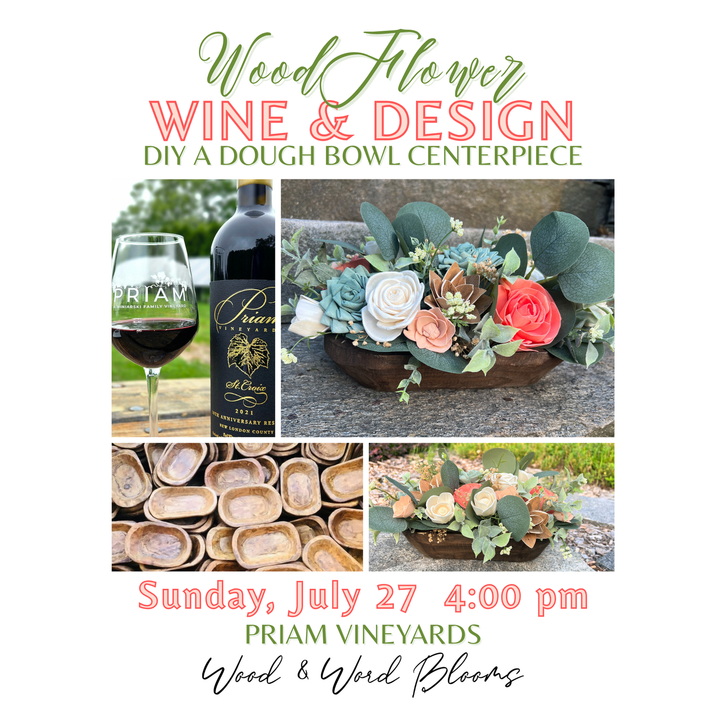Wood Flower Wine & Design: Dough Bowl (or wood box) Centerpiece at Priam  Vineyards